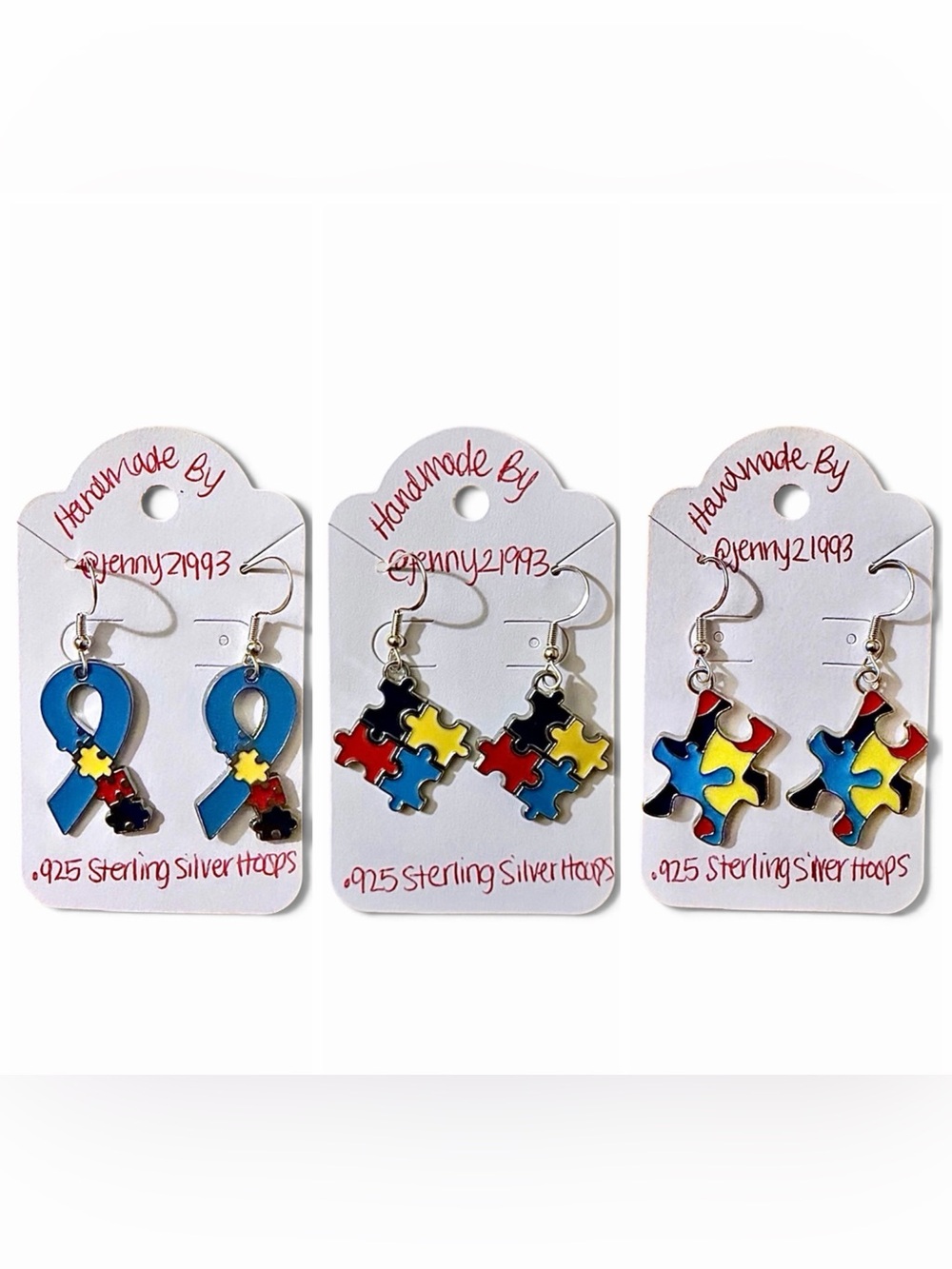 NEW! Jenny’s Handmade Autism Awareness Earrings .925 Sterling Silver Hoops